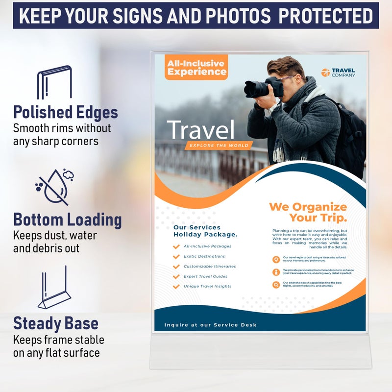 Dasher Products Acrylic Sign Holder 8.5 x 11, T-Shape Menu Holder with Bottom-Loading Design, Plastic Stands for Brochures, Flyers, Menus, and Displays. Double-Sided Display Stand for Tabletop Signs and More (6 Pack) - Image 4